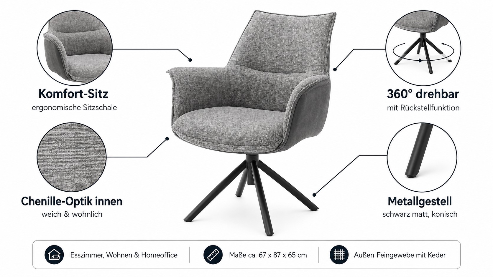 Armlehnstuhl Chenille-Optik grau - ergonomischer Sitzschale, 360° drehbar - MCA furniture Konya