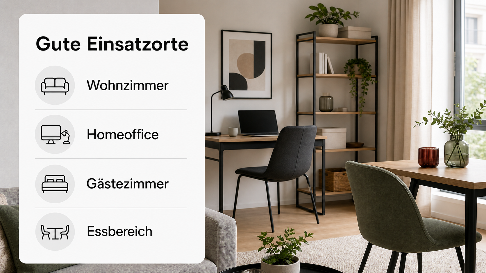 Moderner Wohn- und Arbeitsbereich mit Esstisch; Infografik von billi.de zu Einsatzorten für Mitnahmemöbel im Wohnzimmer, Homeoffice, Gästezimmer und Essbereich.