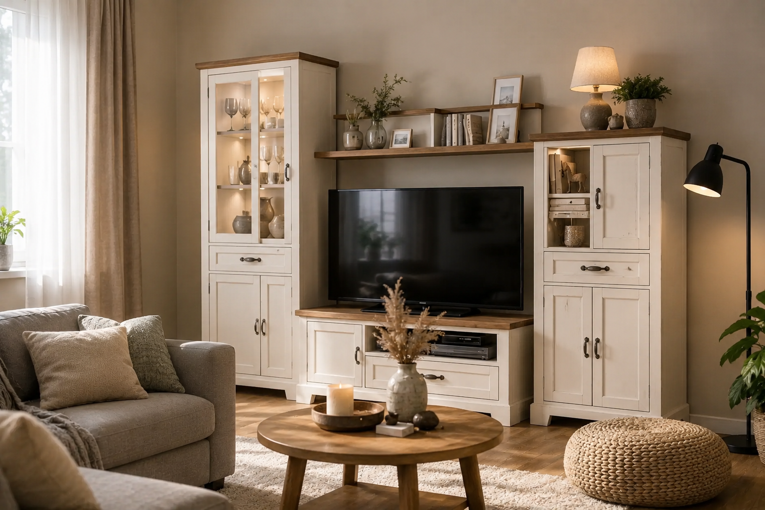 Platzsparende Wohnwand mit Fernseher, geschlossenen Schränken und Regalfächern als Einrichtungsidee für kleine Wohnzimmer bei billi.de.