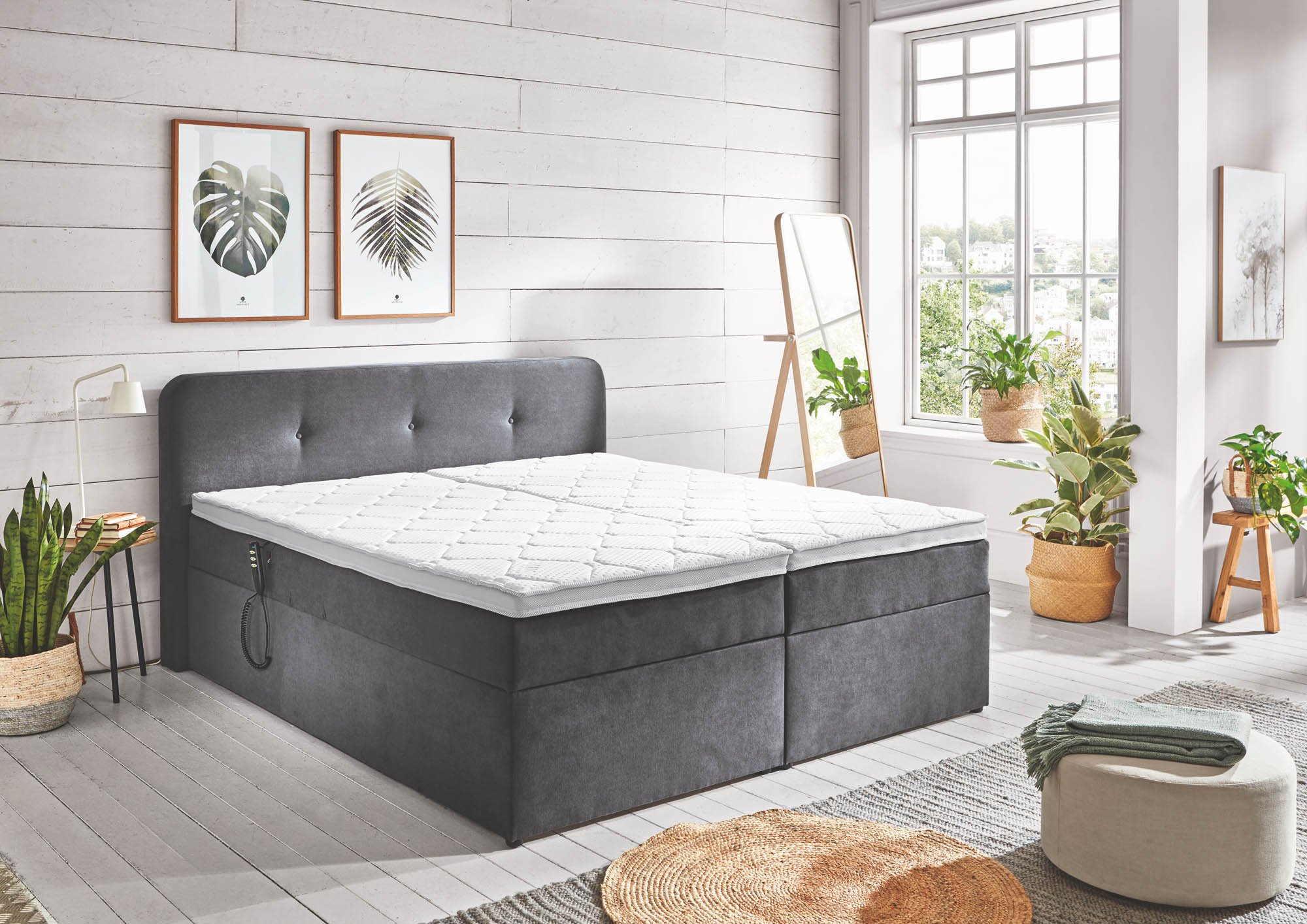 Boxspringbett 180 x 200 cm - mit motor. Rücken-/Fuß-Verstellung, 7 Zonen-Taschenfederkern, Stauraum und integriertem Topper - Sun Garden Bergen