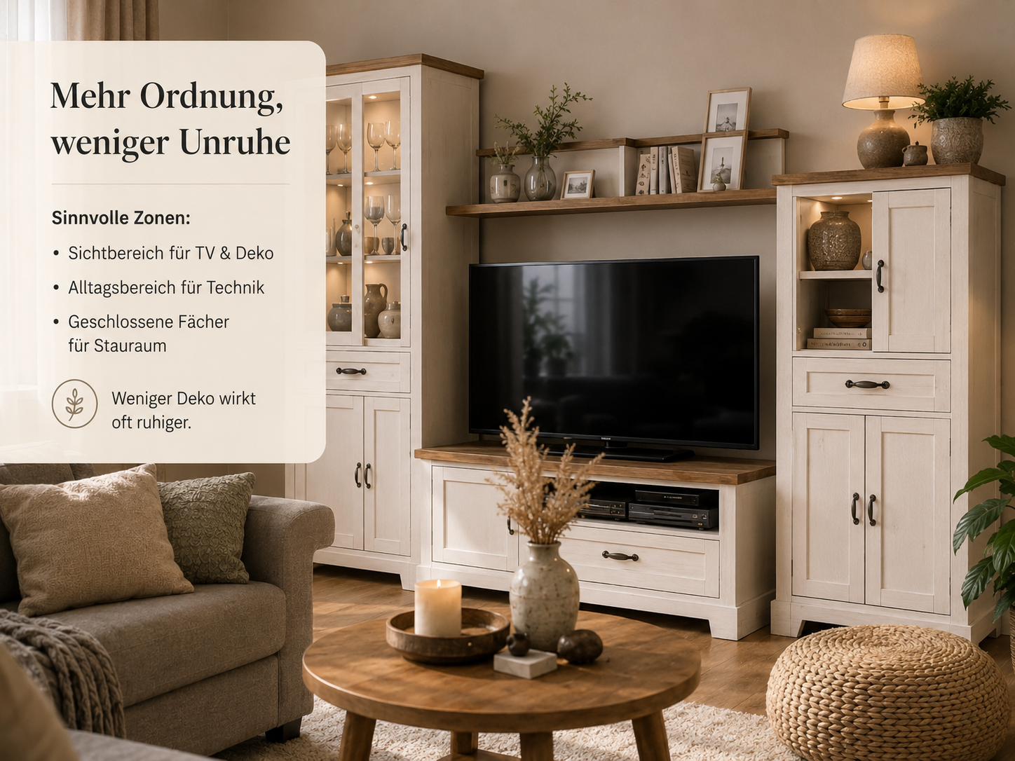 Wohnzimmer mit heller Wohnwand, Fernseher und Stauraum; Tipps von billi.de für mehr Ordnung im Wohnbereich.
