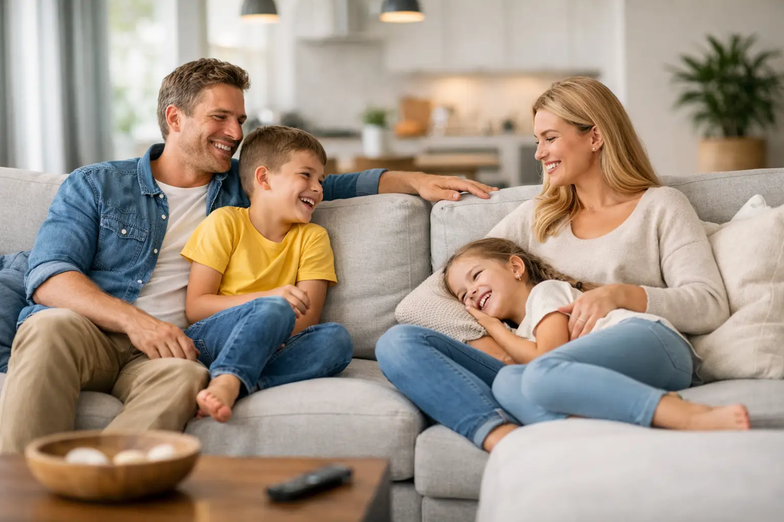 Familie mit zwei Kindern entspannt auf einem hellgrauen Sofa; Inspiration für familienfreundliche Couches bei billi & friends in Mülheim-Kärlich.