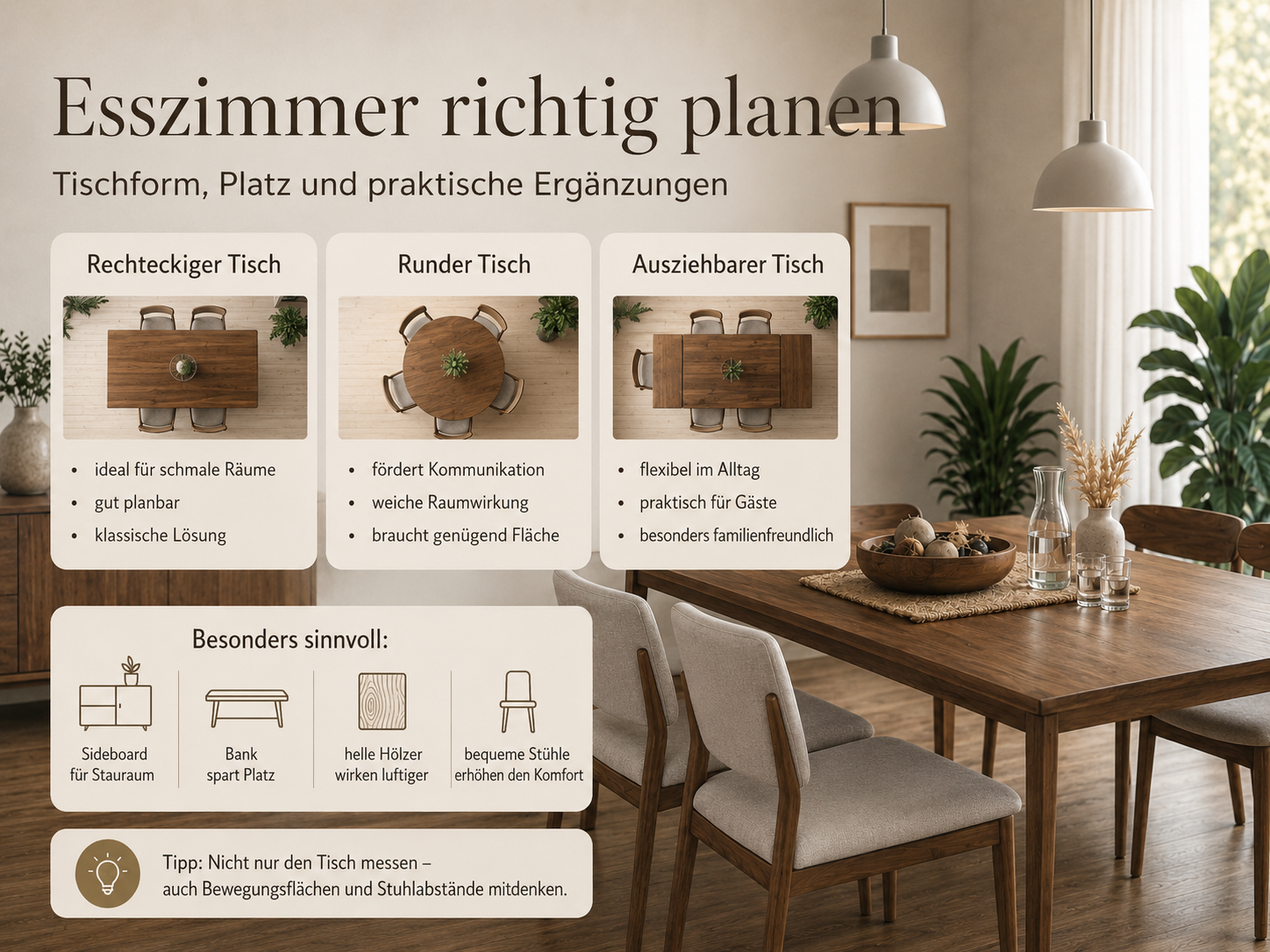 Infografik von billi.de zur Esszimmerplanung mit Esstisch, Stühlen, geeigneten Abständen und passender Beleuchtung.