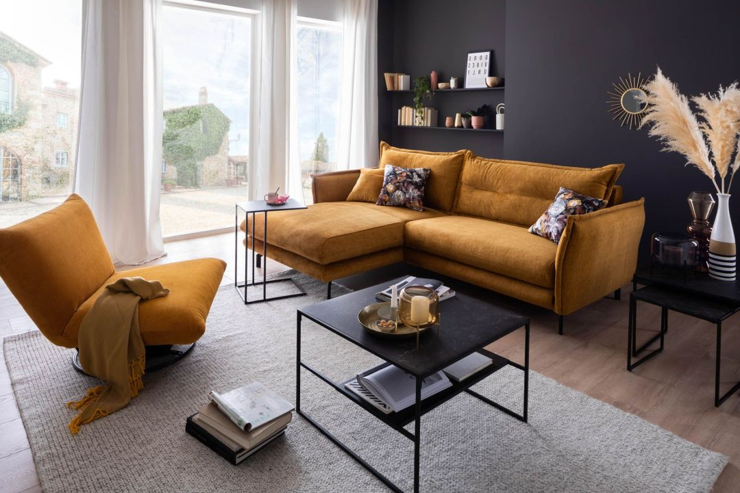 Benformato Wohnlandschaft Lava Recamiere links Stoff gelb 255 x 180 cm