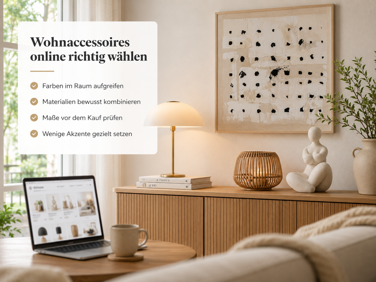 Laptop auf einem Holztisch in einem gemütlichen Wohnzimmer; Tipps von billi.de zur Auswahl passender Wohnaccessoires im Onlineshop.
