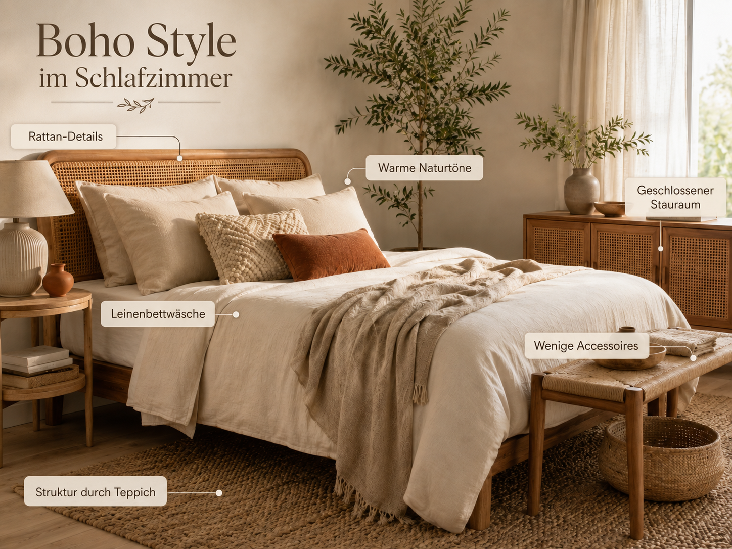 Boho-Schlafzimmer mit Holzbett, natürlichen Materialien, Textilien und Pflanzen – Boho-Einrichtungsideen von billi.de aus Mülheim-Kärlich.