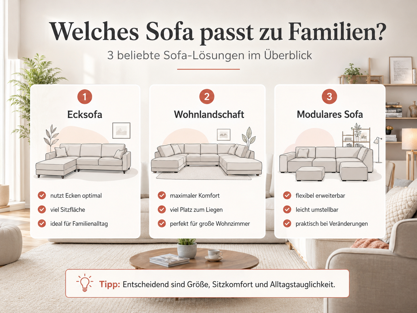 Infografik von billi.de zu geeigneten Sofaformen für Familien mit Ecksofa, Wohnlandschaft und modularer Couch.