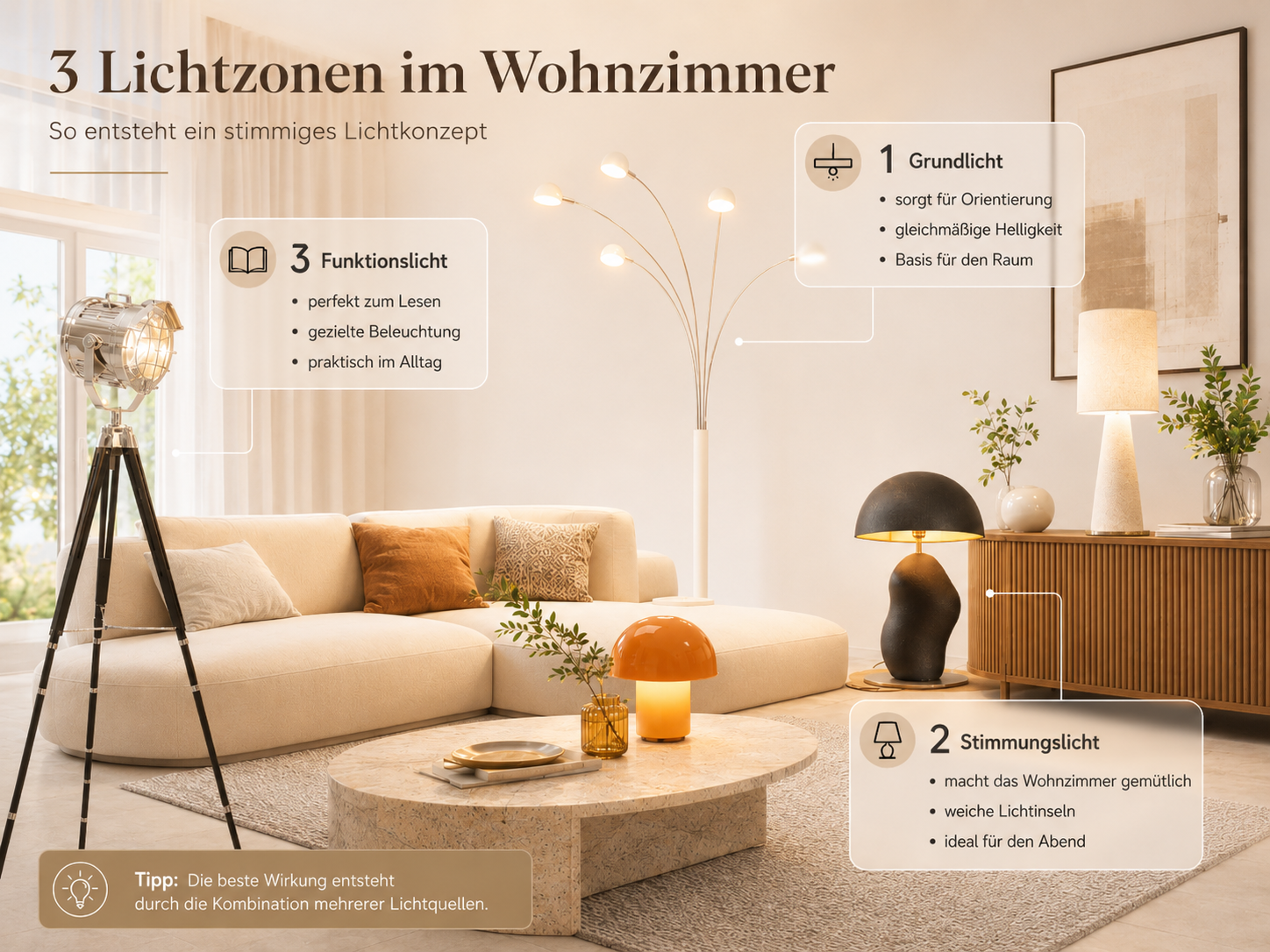 Infografik von billi.de zu Lichtzonen im Wohnzimmer mit Grundbeleuchtung, Bereichslicht und dekorativen KARE Design Lichtakzenten