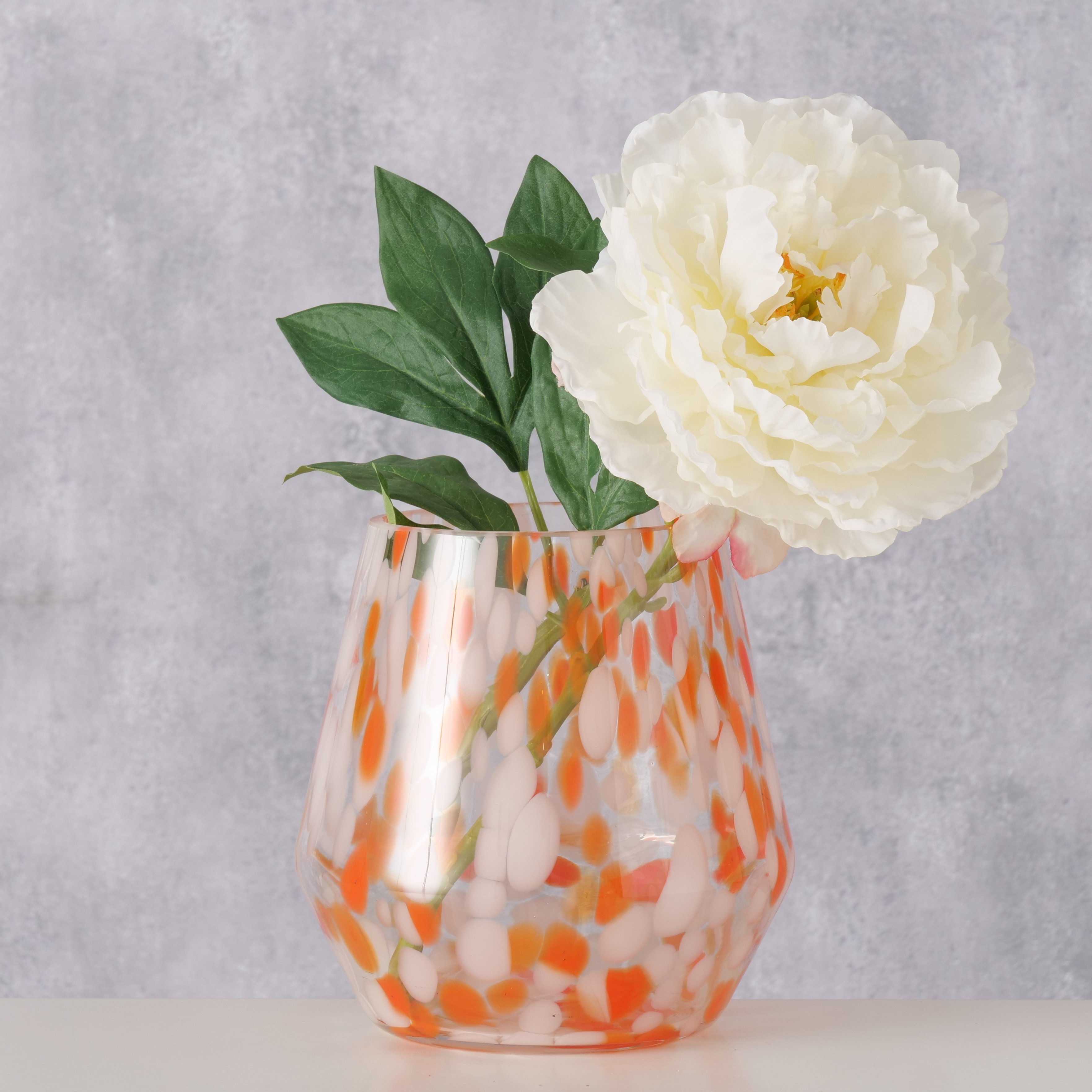 Boltze Windlicht Oranja – Modernes Glas-Windlicht mit orange-weißem Muster