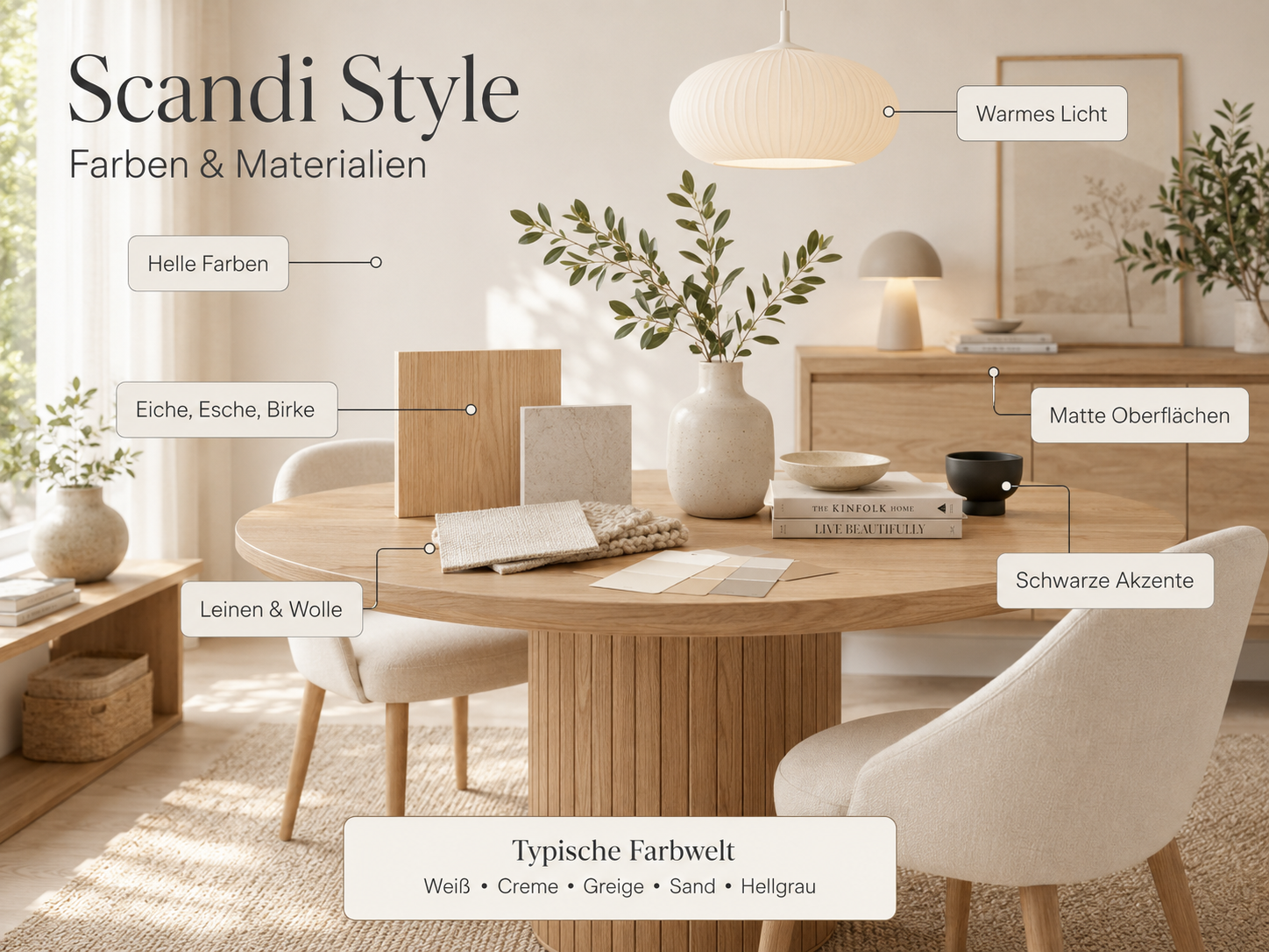 Scandi-Style-Wohnzimmer mit Beige-, Weiß- und Holztönen sowie markierten Farbideen – Einrichtungstipps von billi.de aus Mülheim-Kärlich.