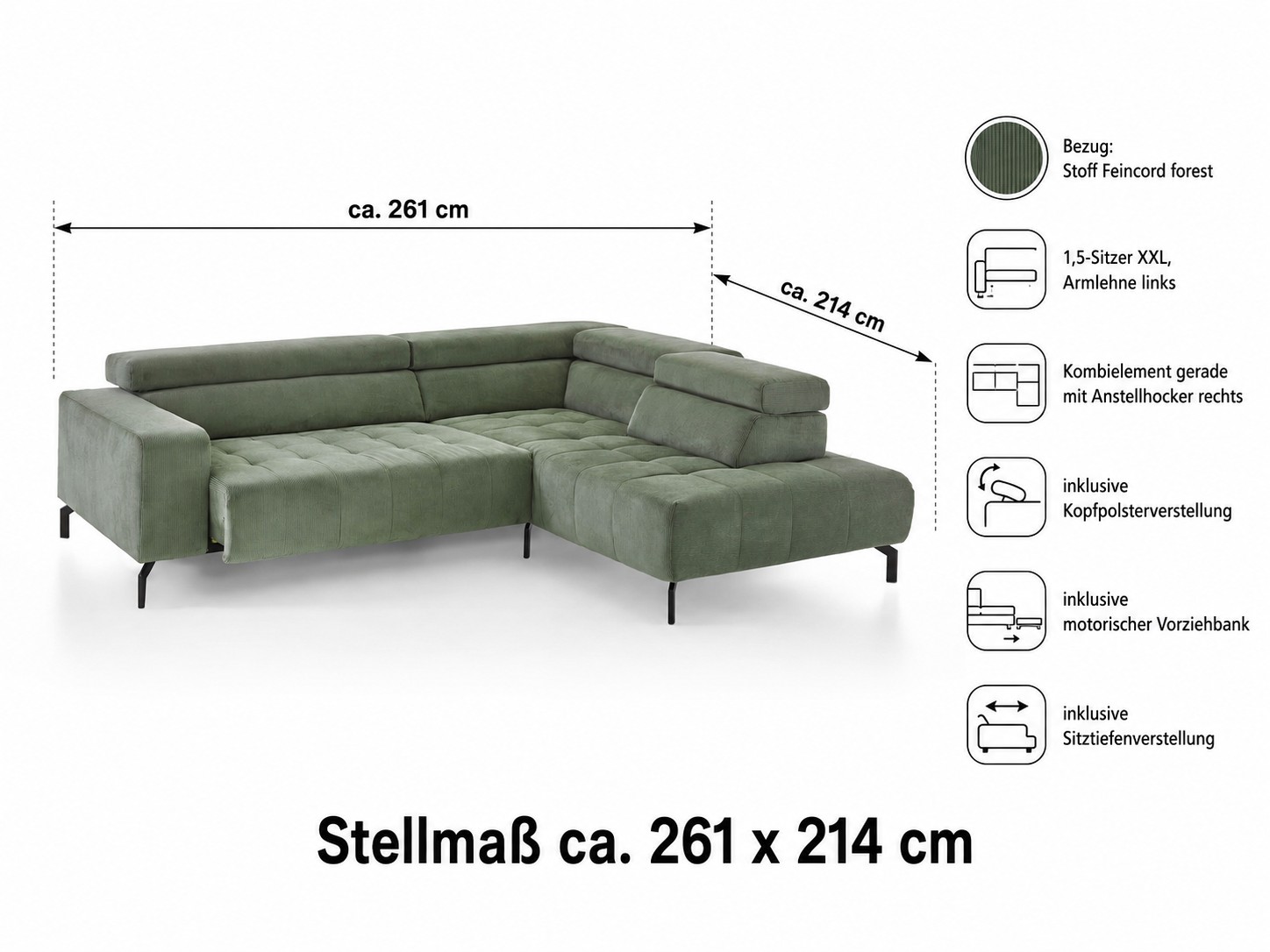 Wohnlandschaft  Stoff Feincord forest - 1,5-Sitzer XXL, Armlehne links, inklusive Kopfpolsterverstellung und inklusive motorischer Vorziehbank - Megapol Ailsun