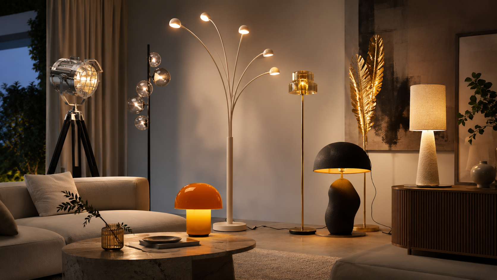 Stimmungsvoll beleuchtetes Wohnzimmer mit Pendelleuchten, Tischlampen und warmen Lichtakzenten; Inspiration für KARE Design Leuchten bei billi.de.