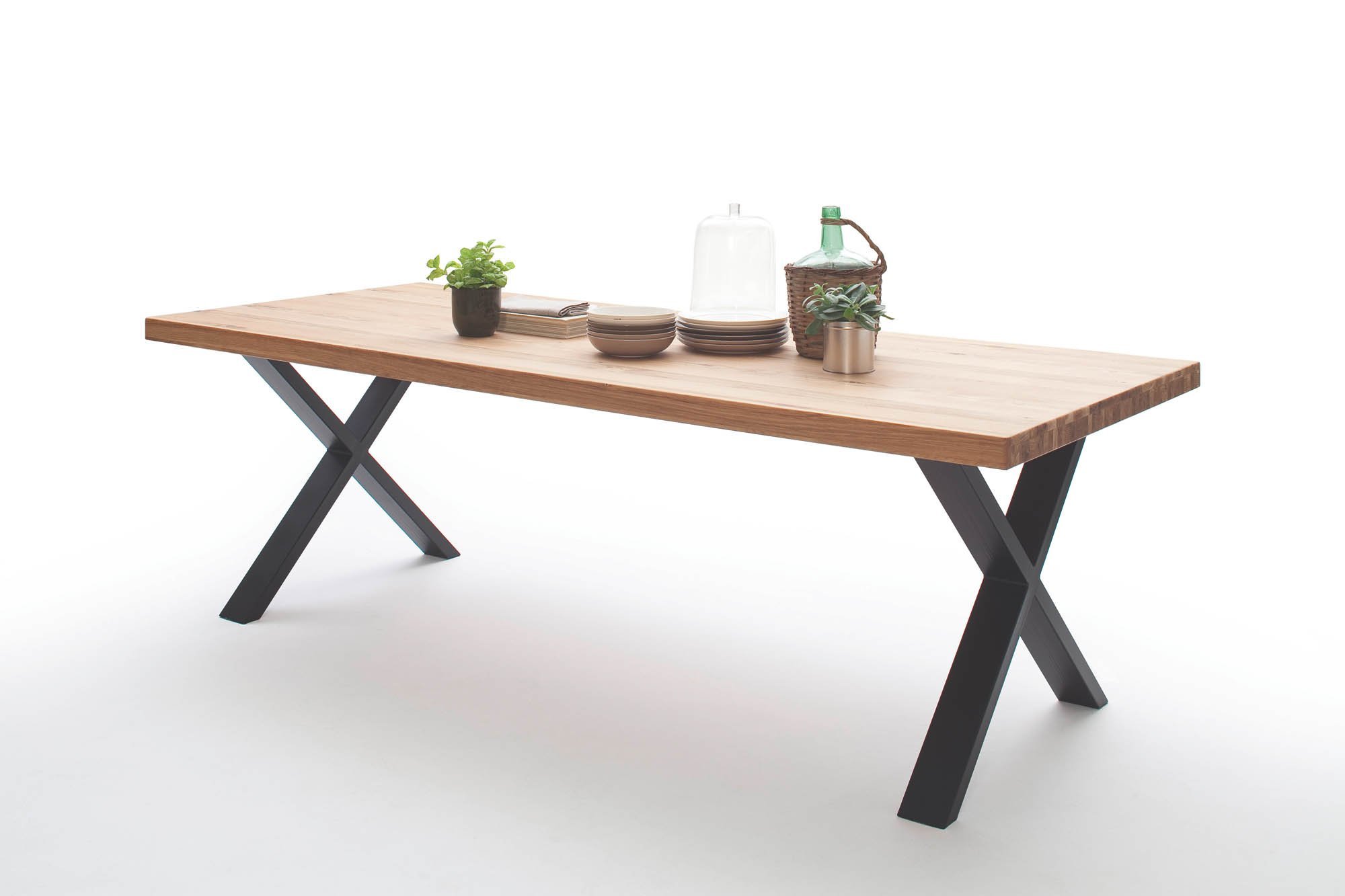 Elfo Möbel Esstisch Eiche geölt Durchg. Lamelle mit gerader Kante , Gestell: X-Fuß Schwarz , 240 x 100 cm , Walton S1002324 + S3000TXS