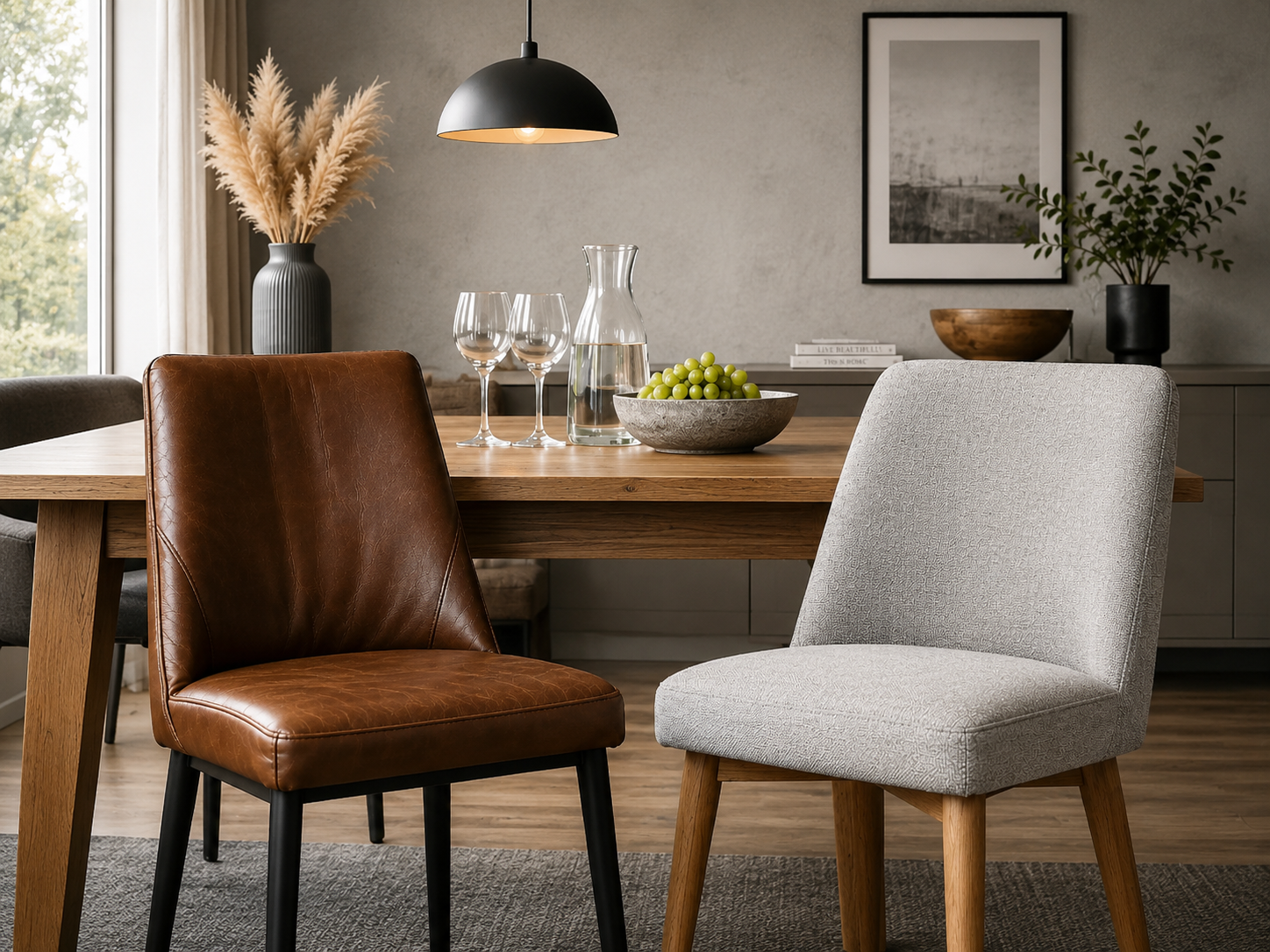 Brauner Lederstuhl und hellgrauer Stoffstuhl stehen nebeneinander an einem Esstisch – Esszimmer-Inspiration bei billi & friends in Mülheim-Kärlich.