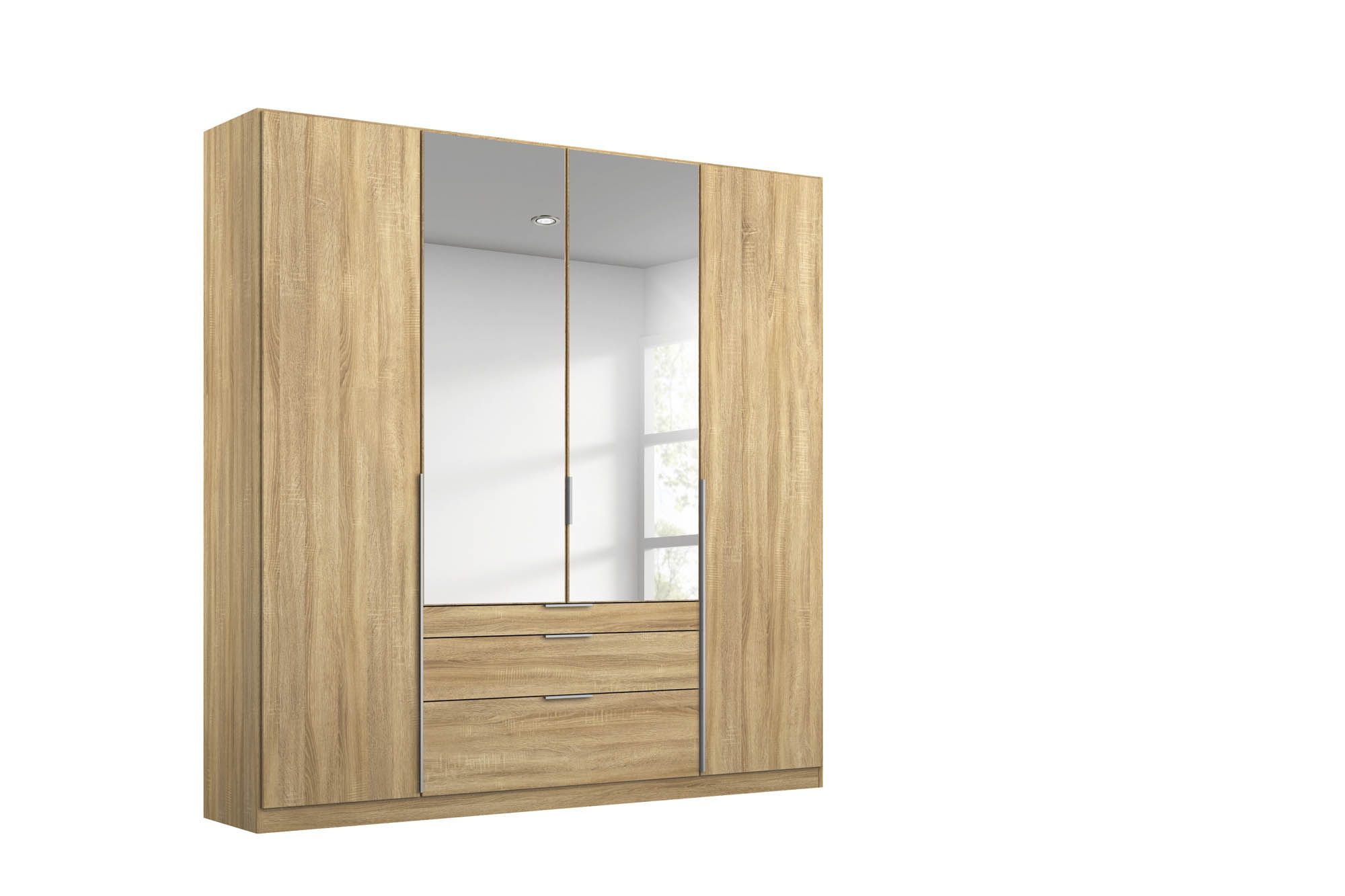 Drehtürenschrank mit 2 Holz- und 2 Spiegeltüren, 3 Schubkästen - Front+Korpus Eiche Artisan Nachbildung - Rauch Arne