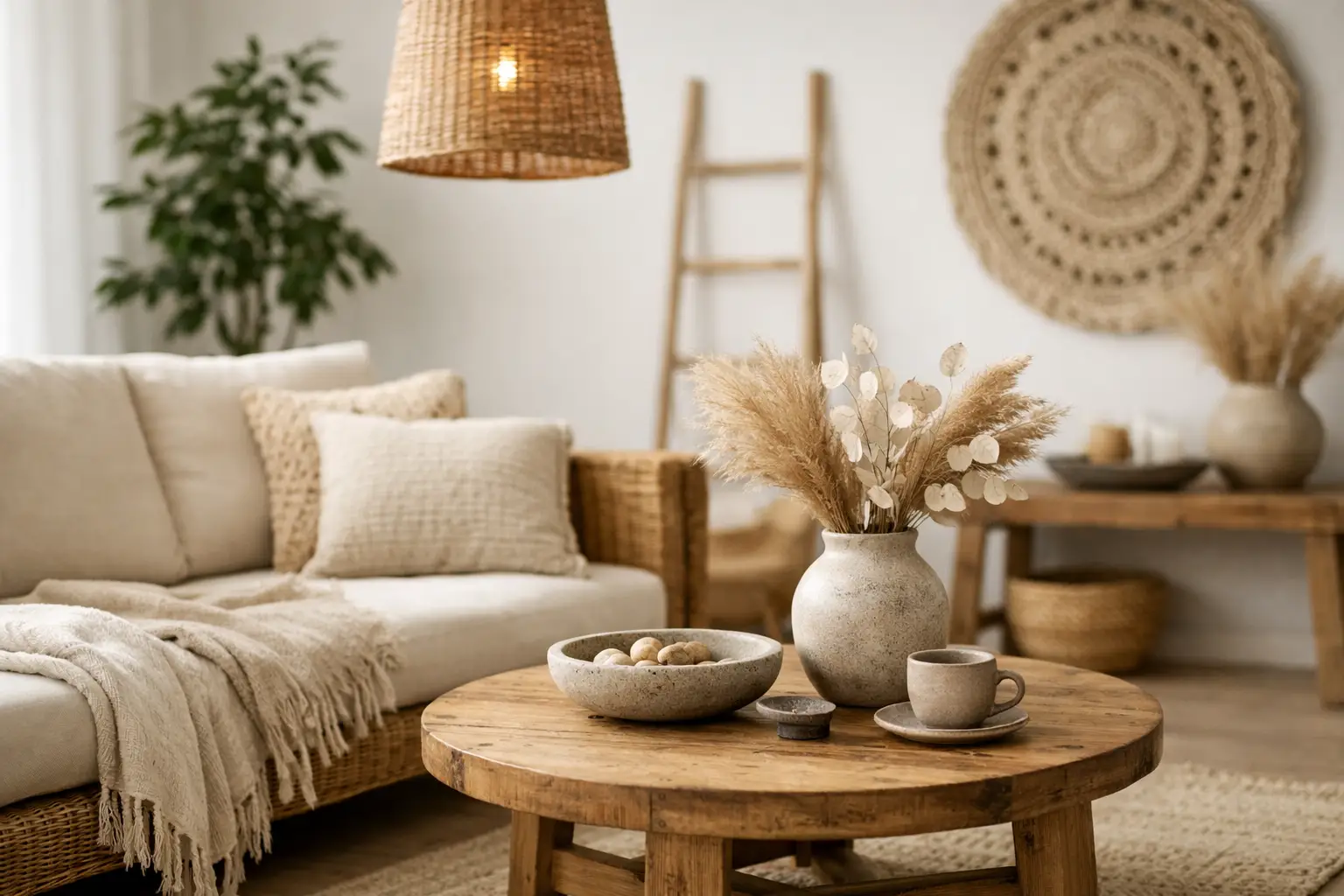Boho-Wohnzimmer mit hellem Sofa, rundem Couchtisch, Trockenblumen und Wanddeko aus Naturmaterialien – Wohnideen von billi.de aus Mülheim-Kärlich.