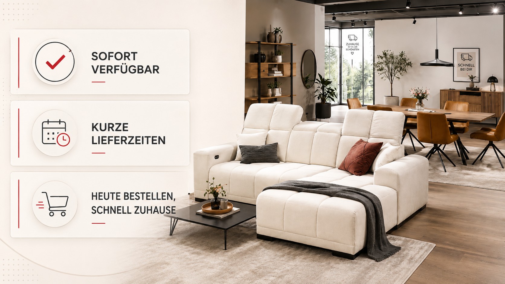 Weiße couch bei möbel billi mit banner über informationen zu direkt verfügbaren möbeln