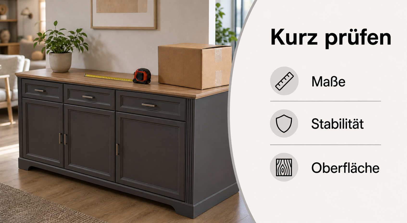 Dunkelgraue Mitnahme-Kommode mit Holzplatte, Maßband und Karton bei billi.de; Infografik zur Prüfung von Maßen, Stabilität und Oberfläche