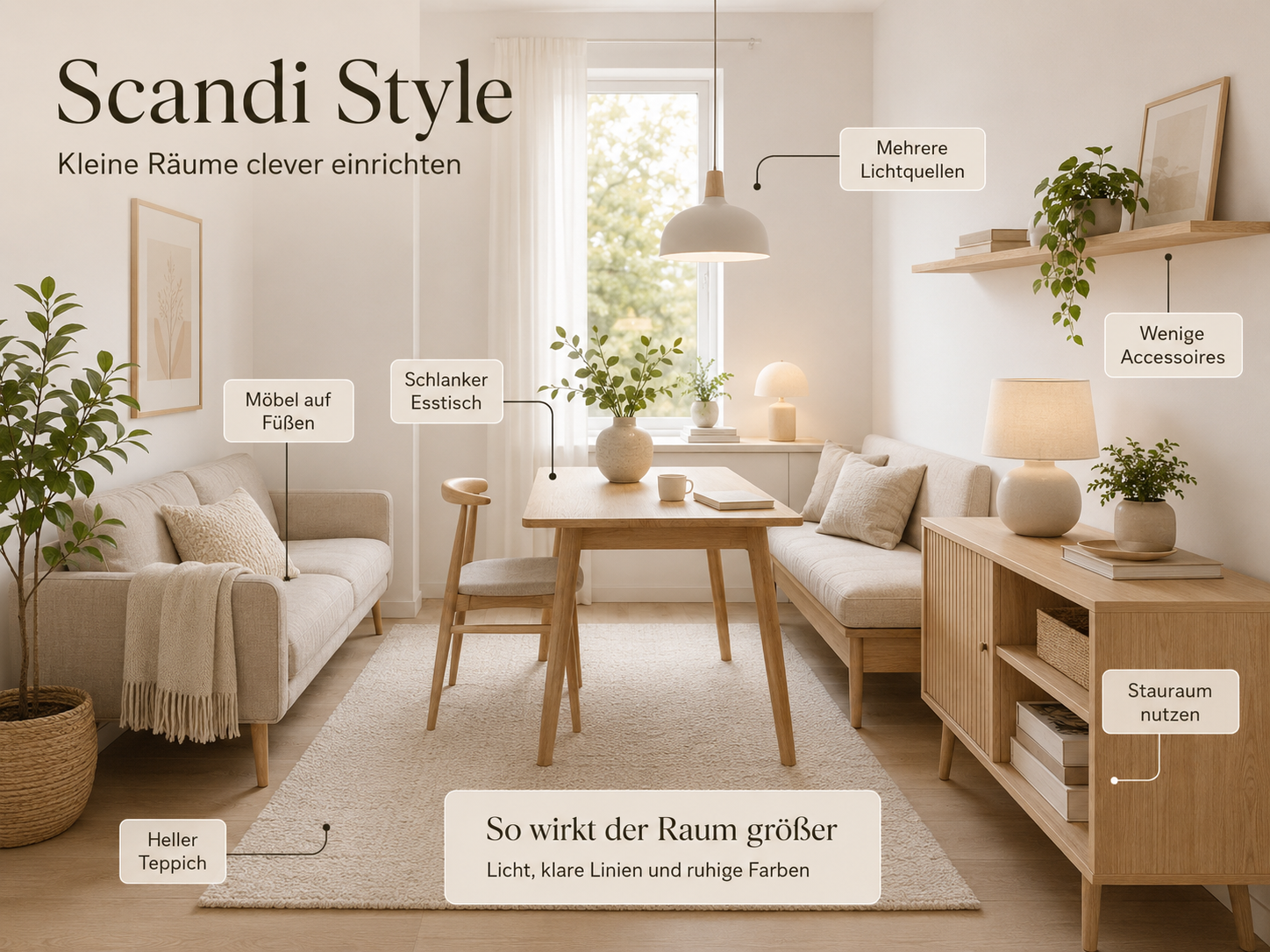 Helles Wohnzimmer im Scandi Style mit kompakten Möbeln, Naturtönen und platzsparender Einrichtung – Wohnideen von billi.de aus Mülheim-Kärlich.