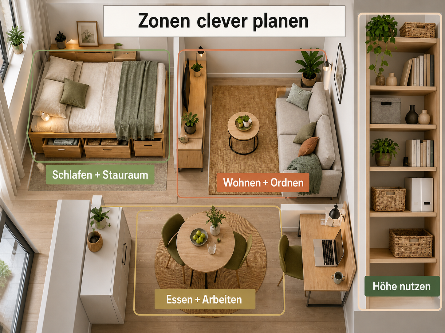 Infografik von billi.de zur Raumaufteilung kleiner Wohnungen mit Zonen für Wohnen, Essen, Arbeiten und Stauraum.