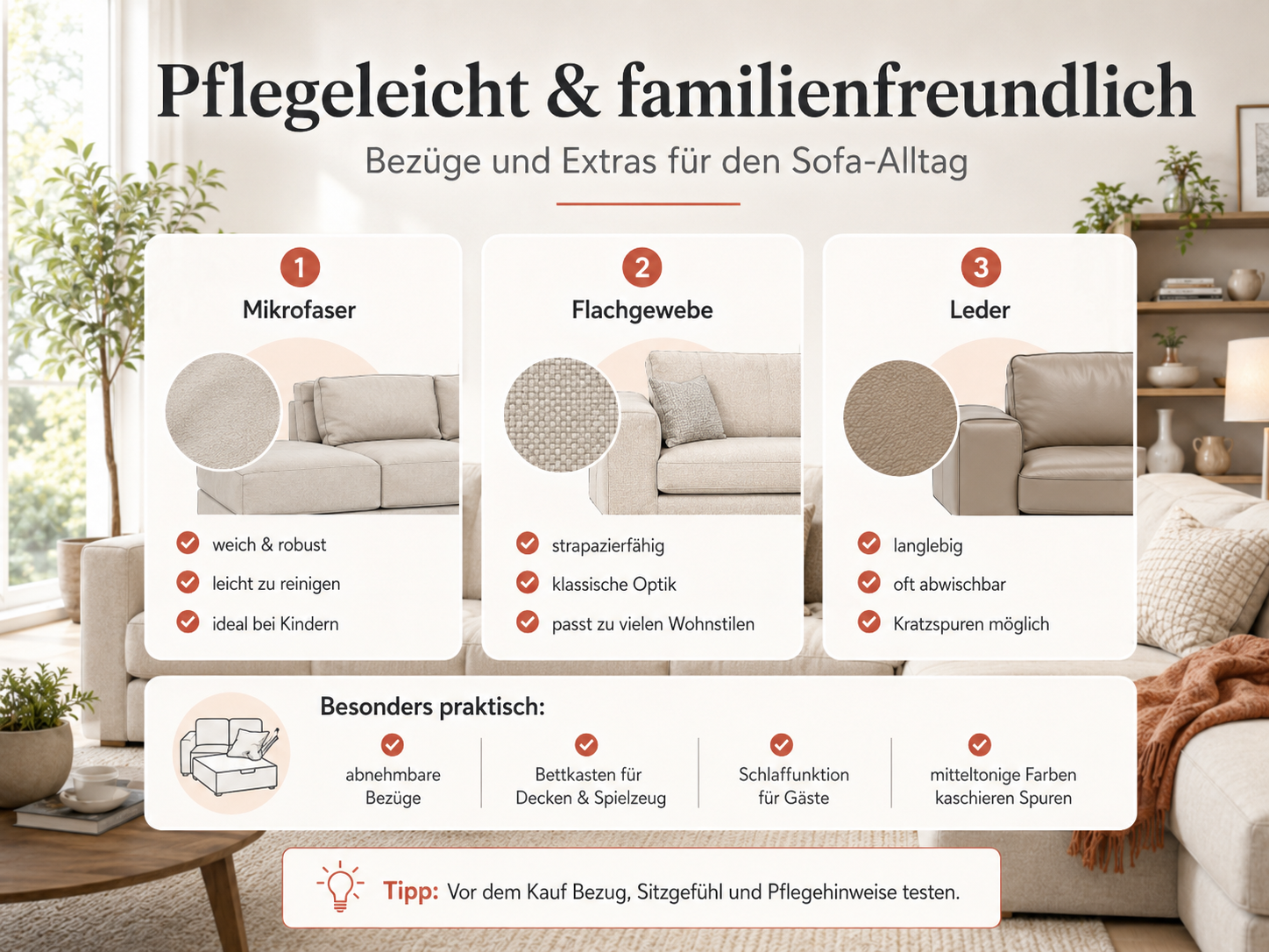 Infografik von billi.de zu pflegeleichten und familienfreundlichen Sofastoffen mit Tipps für Reinigung und Alltag.