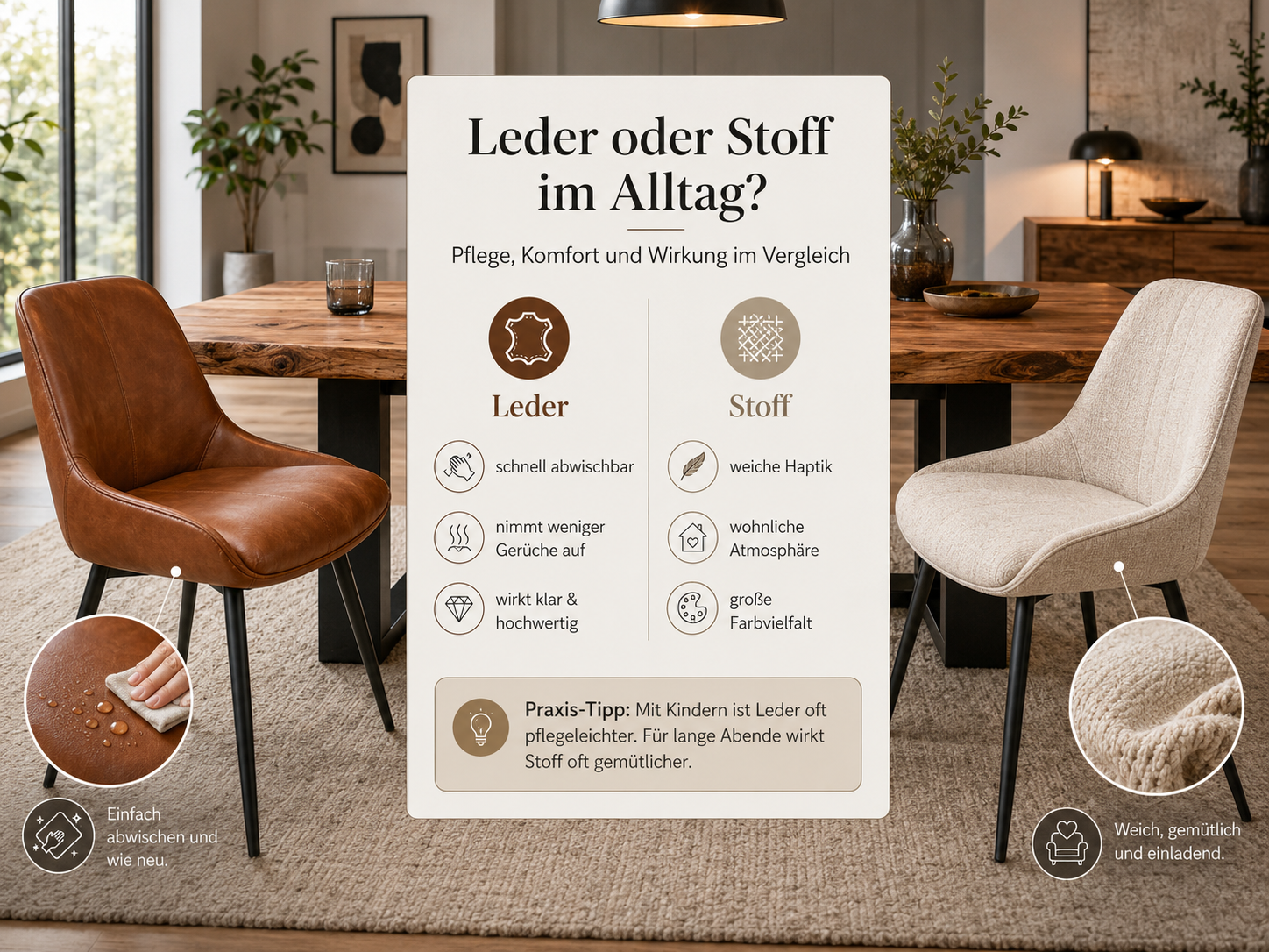 Infografik zur Wahl zwischen Leder und Stoff für Esszimmerstühle, dargestellt an einem braunen Lederstuhl und einem hellen Stoffstuhl – billi.de Mülheim-Kärlich.
