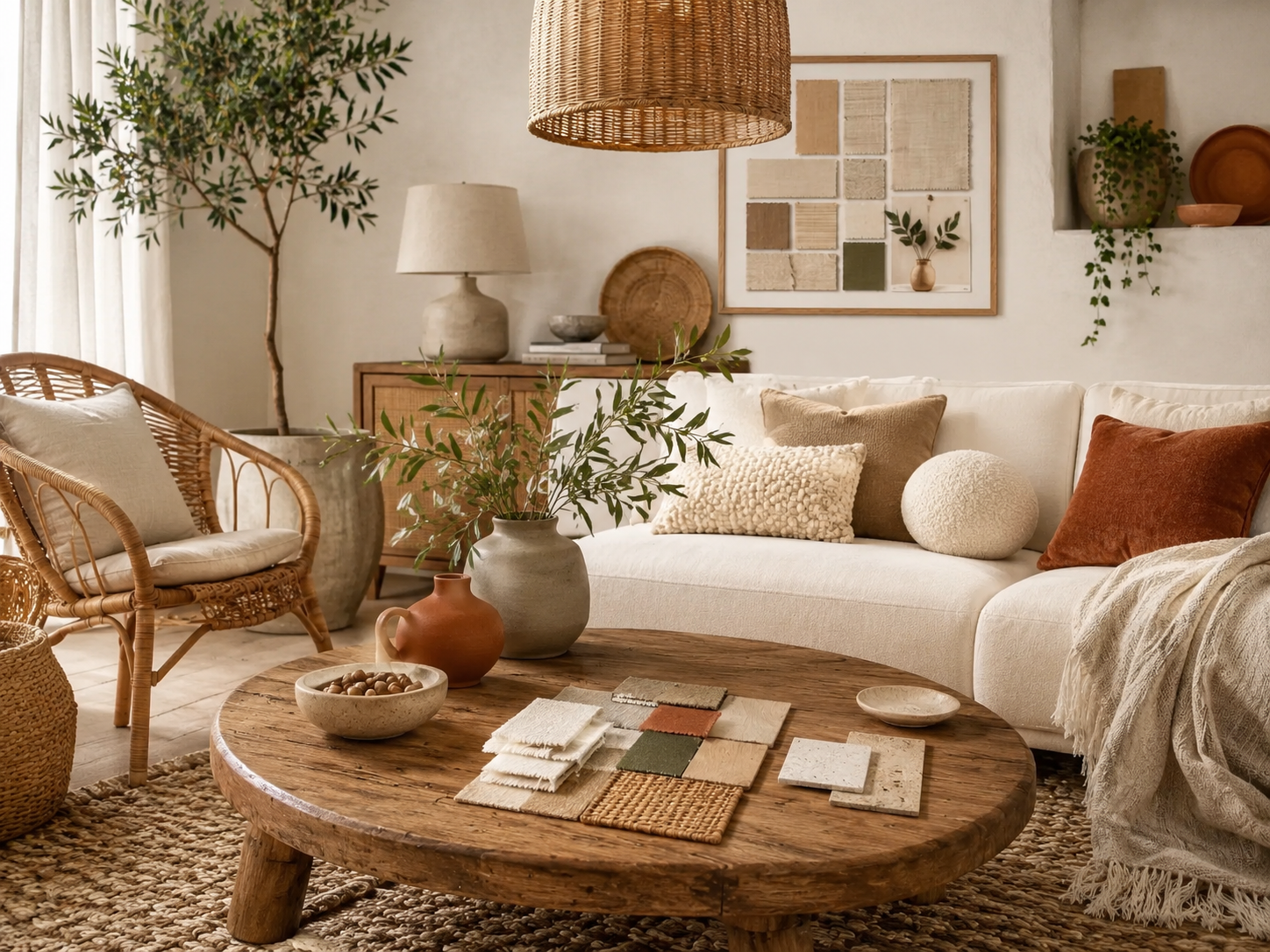 Gemütliches Boho-Wohnzimmer mit hellem Sofa, Rattansessel und rundem Holztisch – Inspiration bei billi & friends in Mülheim-Kärlich.