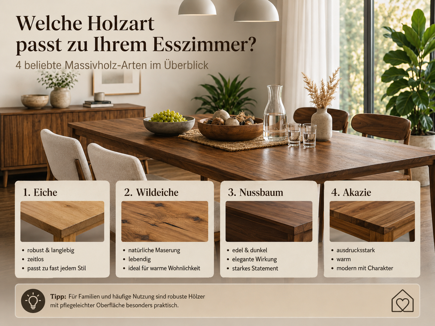 Infografik zur Auswahl von Holzarten für Esstische mit Vergleich von Farbe, Maserung und Wohnwirkung bei billi.de.