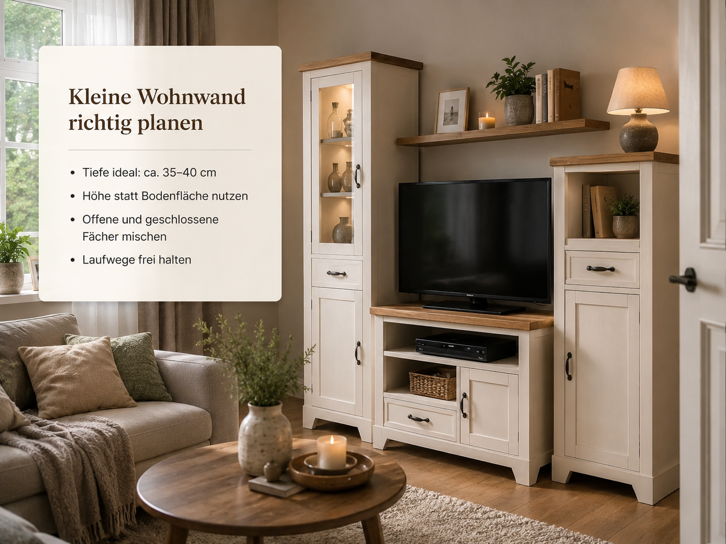 Moderne Wohnwand mit Fernseher, Vitrinen und Schränken; Checkliste zur Wohnwand-Planung bei billi & friends in Mülheim-Kärlich.