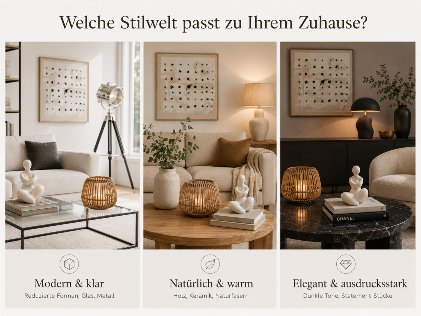 Infografik von billi.de mit drei Wohnstilen für das Wohnzimmer und passenden Möbeln, Farben und Wohnaccessoires.