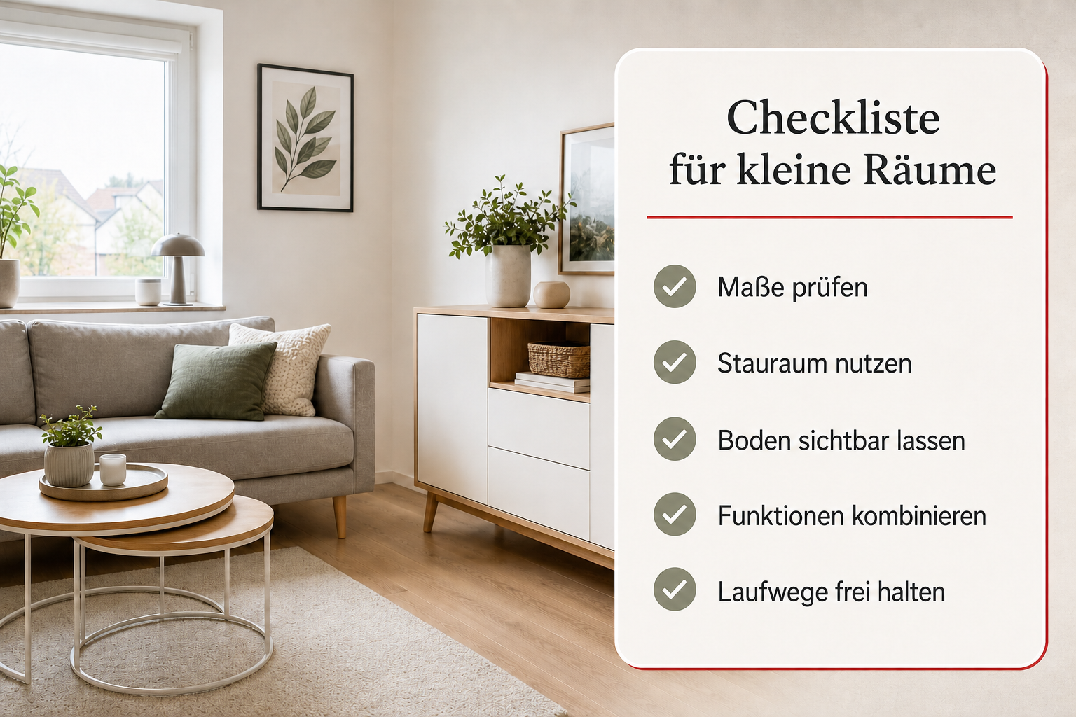 Helles Wohnzimmer mit Checkliste von billi.de für die Auswahl platzsparender Möbel in kleinen Räumen.