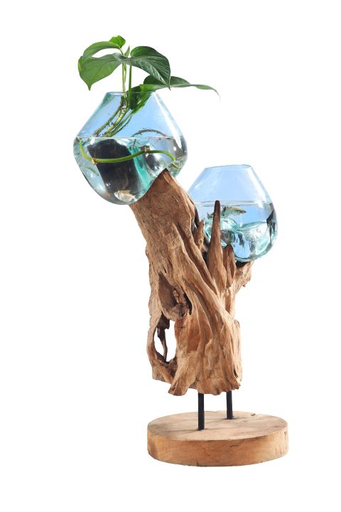 Unikat Zweier Deko Glas Drop auf einer Teak-Wurzel 45 x 100 cm