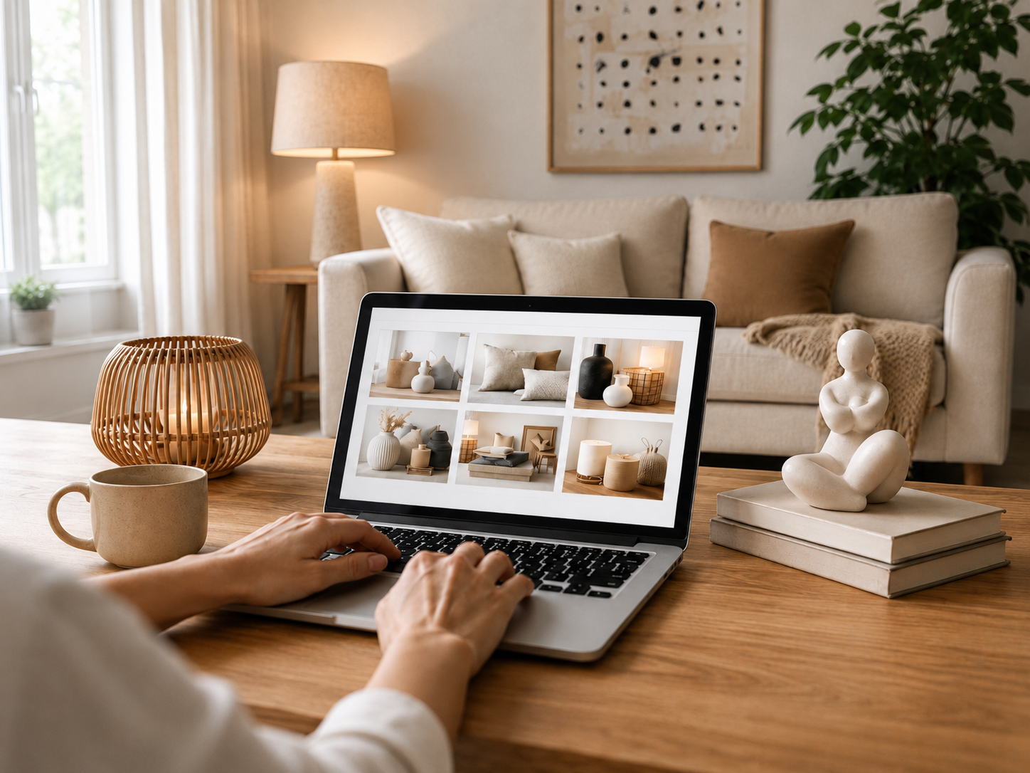 Person sucht online nach Wohnaccessoires; Tischleuchte, Vase, Bücher und Dekoration zeigen Einrichtungsideen von billi.de.