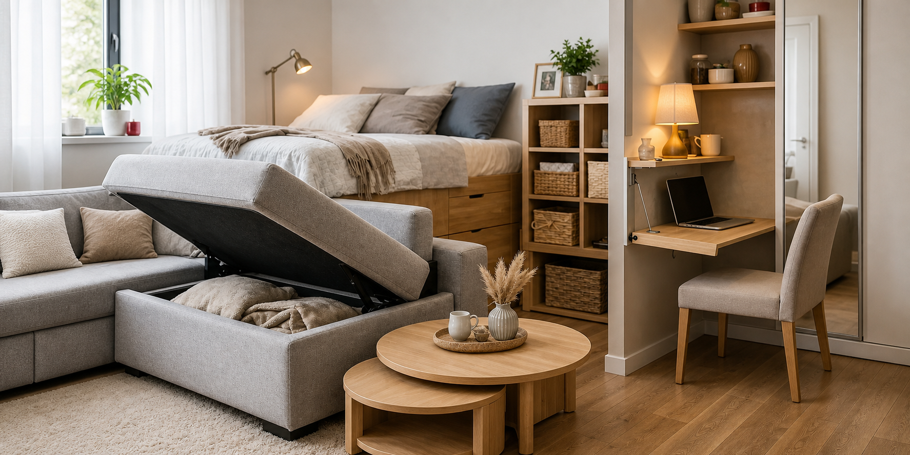 Kompaktes Wohnzimmer mit Ecksofa, Couchtisch und platzsparenden Möbeln als Einrichtungsidee von billi & friends in Mülheim-Kärlich.