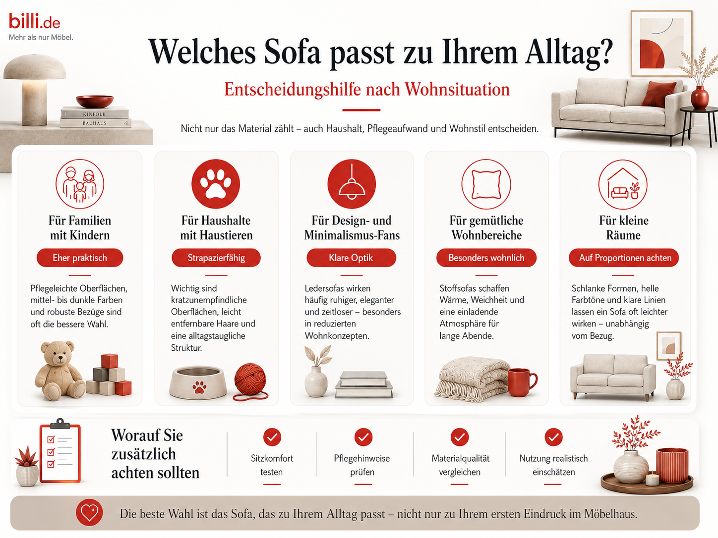 Infografik zum Vergleich von Leder- und Stoffsofas mit Eigenschaften, Vorteilen und Nachteilen – Sofa-Ratgeber von billi.de aus Mülheim-Kärlich.