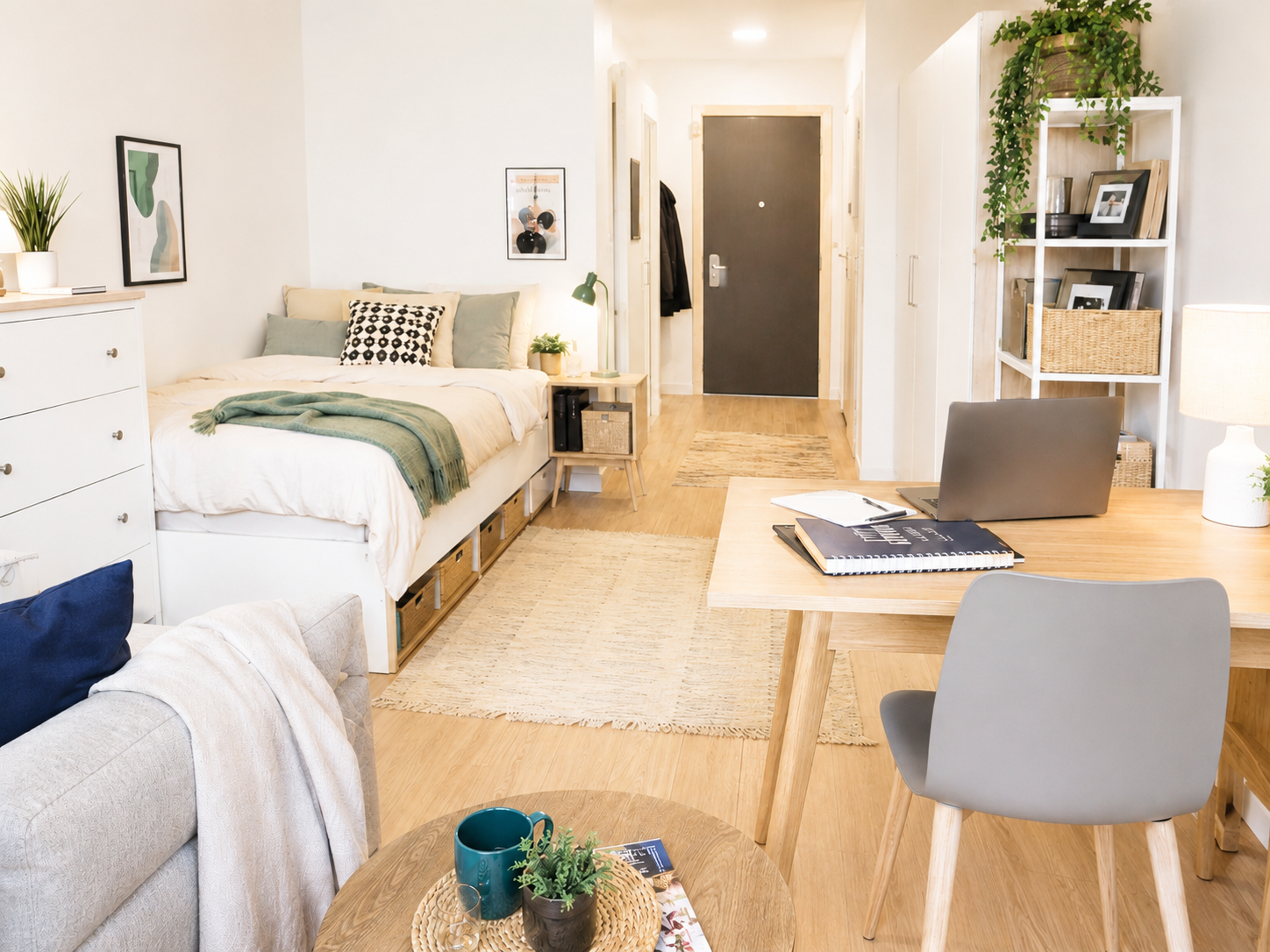 Helles Studentenzimmer mit Bett, Schreibtisch, Stauraum und kompakter Einrichtung