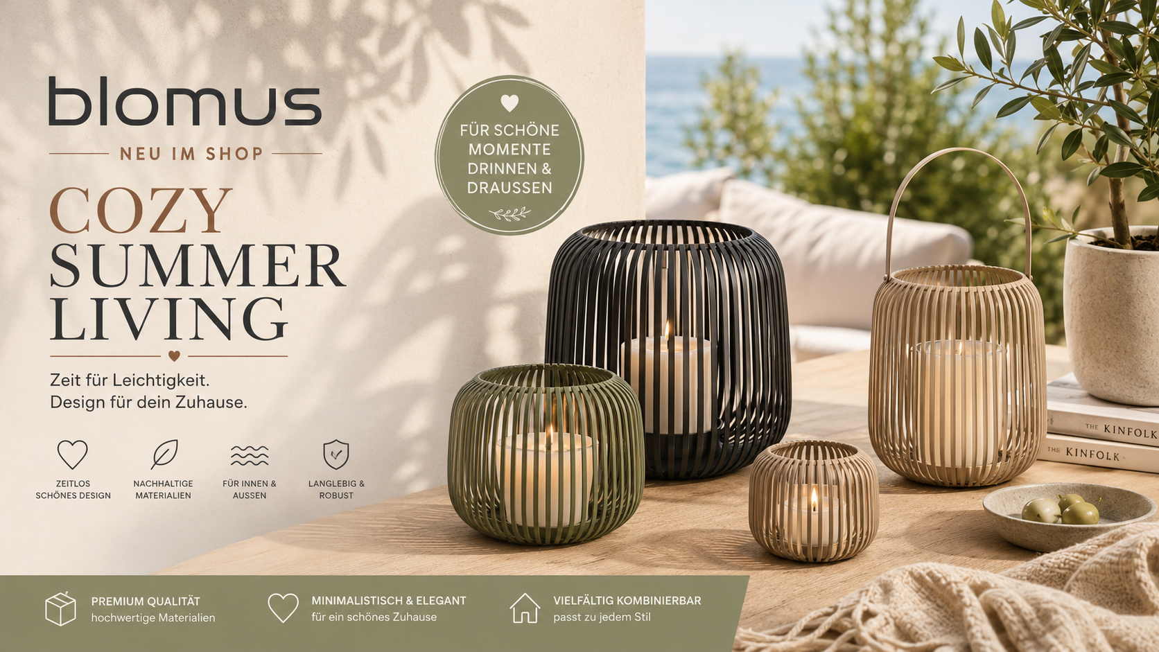 blomus Cozy Summer Living: dekorative Windlichter und Vasen in Naturtönen auf einem Tisch – Wohnaccessoires bei billi & friends in Mülheim-Kärlich.