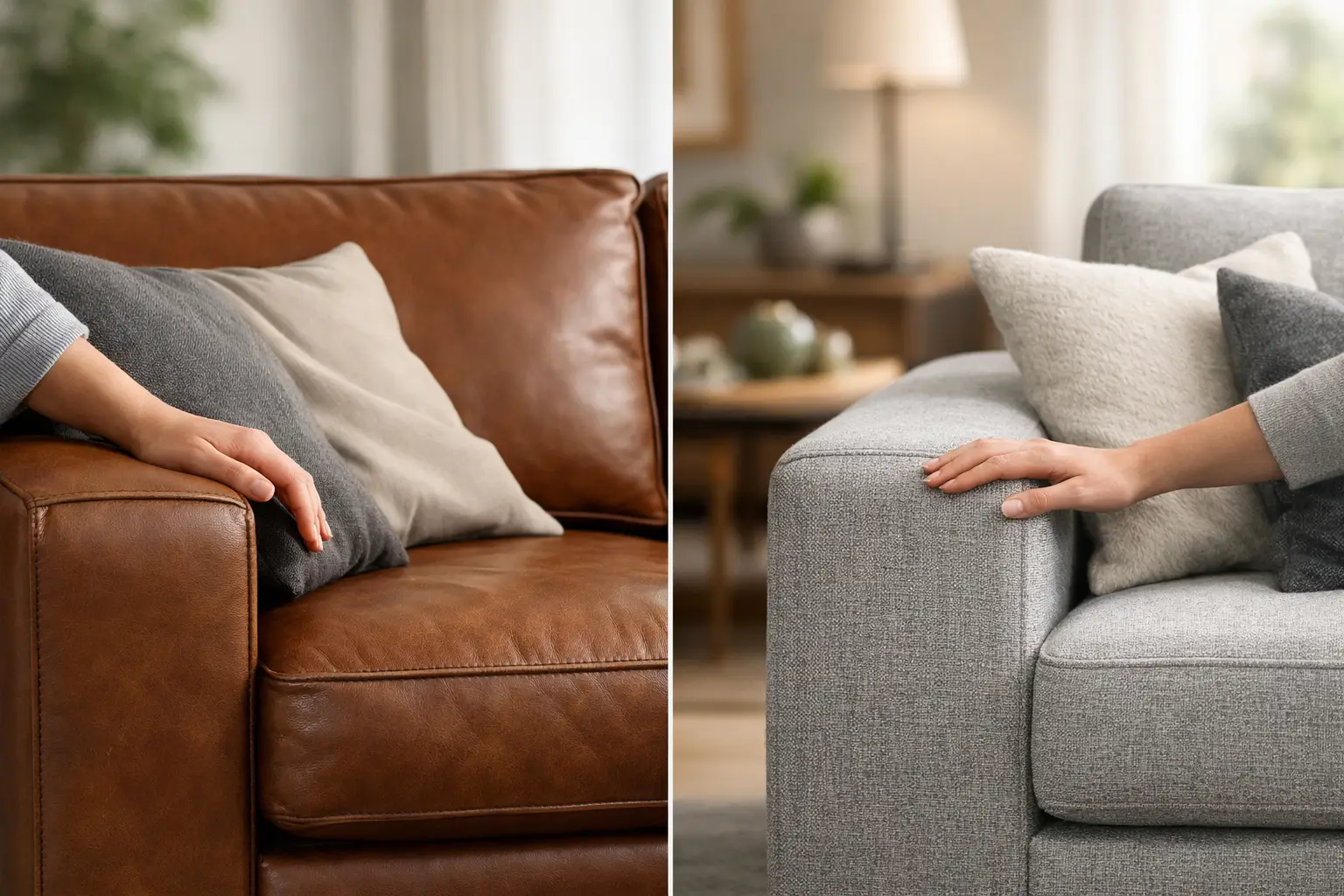 Nahaufnahme eines braunen Ledersofas und eines grauen Stoffsofas im direkten Vergleich – Sofa-Beratung bei billi & friends in Mülheim-Kärlich.